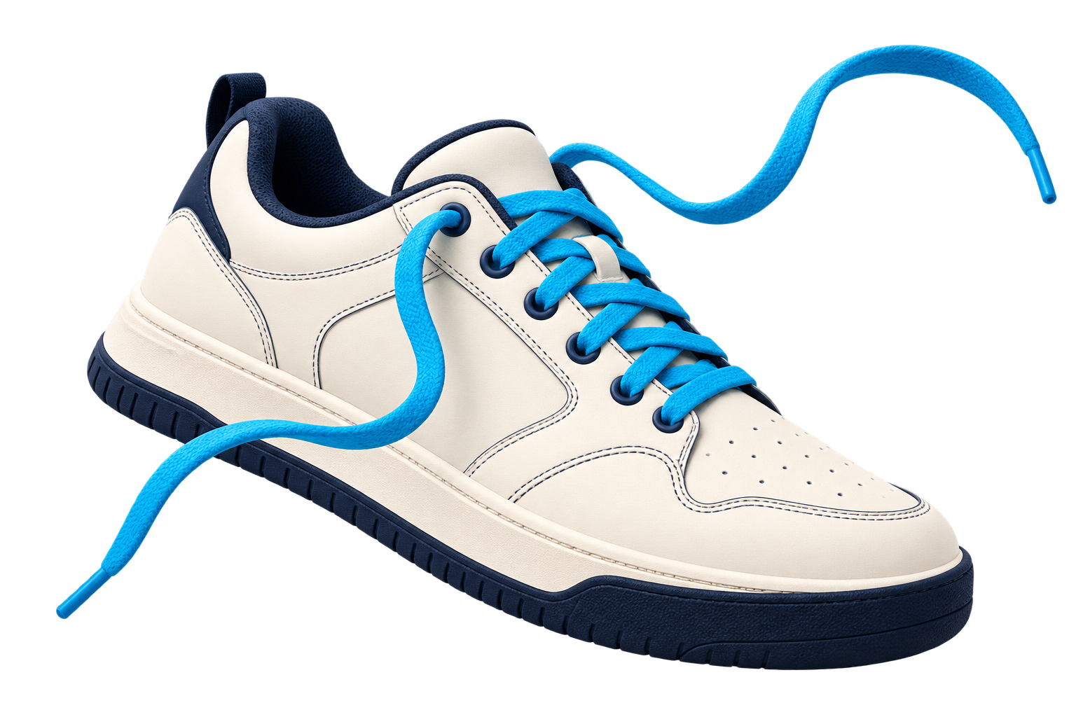 Cream and navy trainer with bright blue untied laces